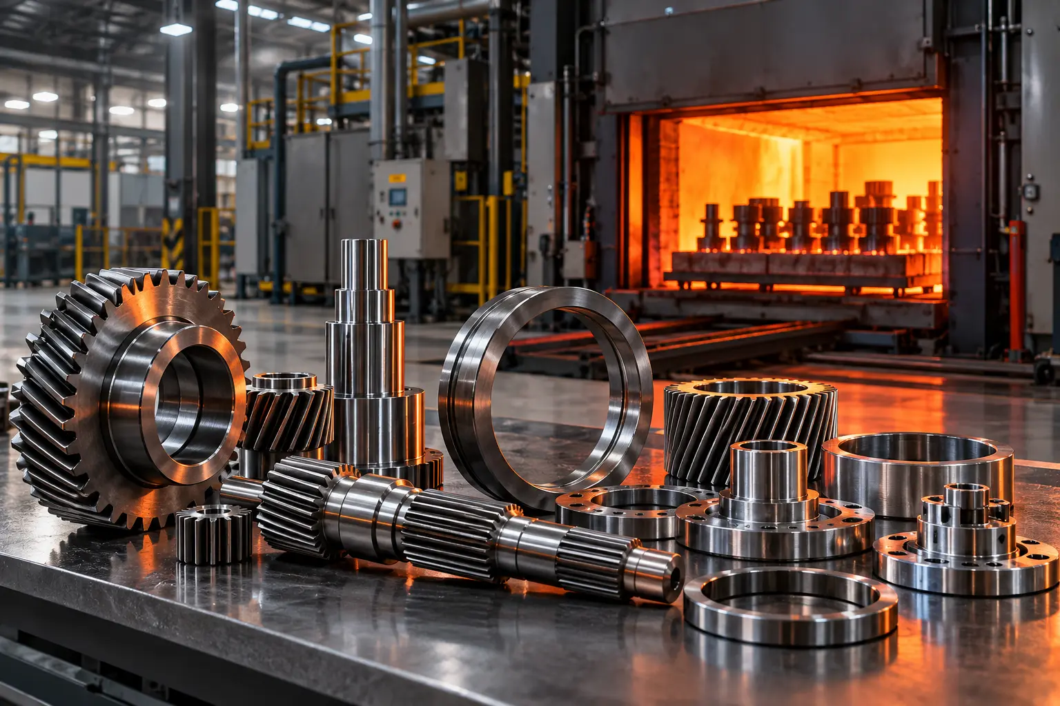 Precision metal components displayed beside an industrial heat-treatment furnace